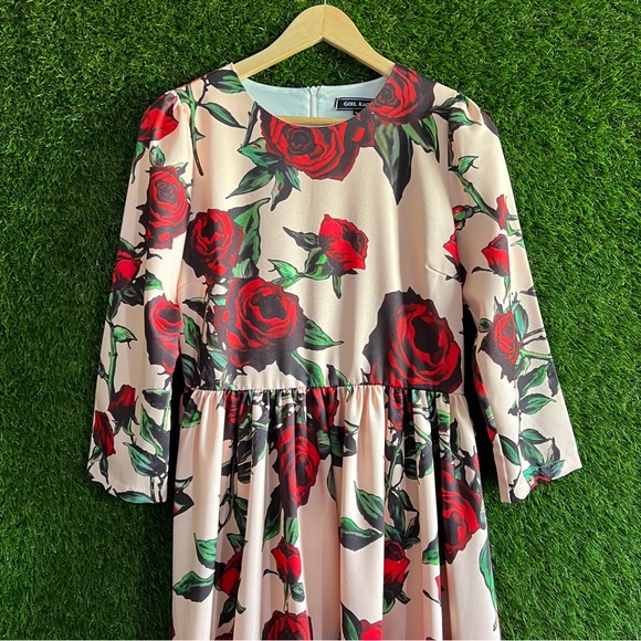 Rose Print Gathered Waist Dress - Picture 2 of 6